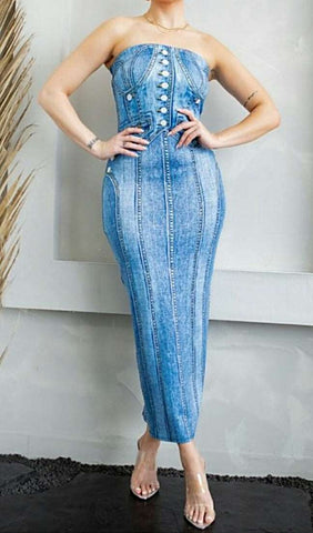 Resisting Fear Denim Print Tube Top Bodycon Mid Length Maxi Dress