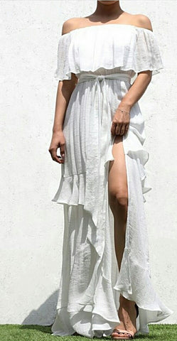 Angel Vibes Boho Ruffle Top White Party Maxi Dress
